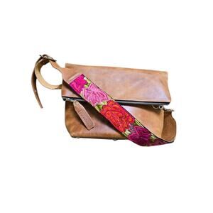 Epiphanie Distressed Leather Camera Bag Crossover Tote Floral Embroidered Strap‎